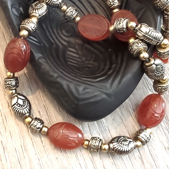 Vintage Egyptian Revival Hand Carved Double Sided Carnelian Scarabs Necklace - Picture 6 of 10